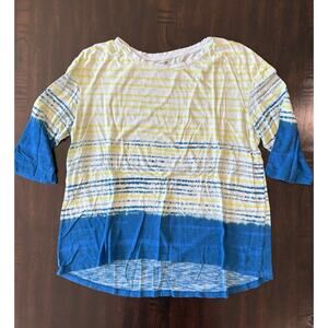 Sunday Women’s 3/4 Sleeve White Yellow & Blue Striped Top Size 1X Cotton Blend